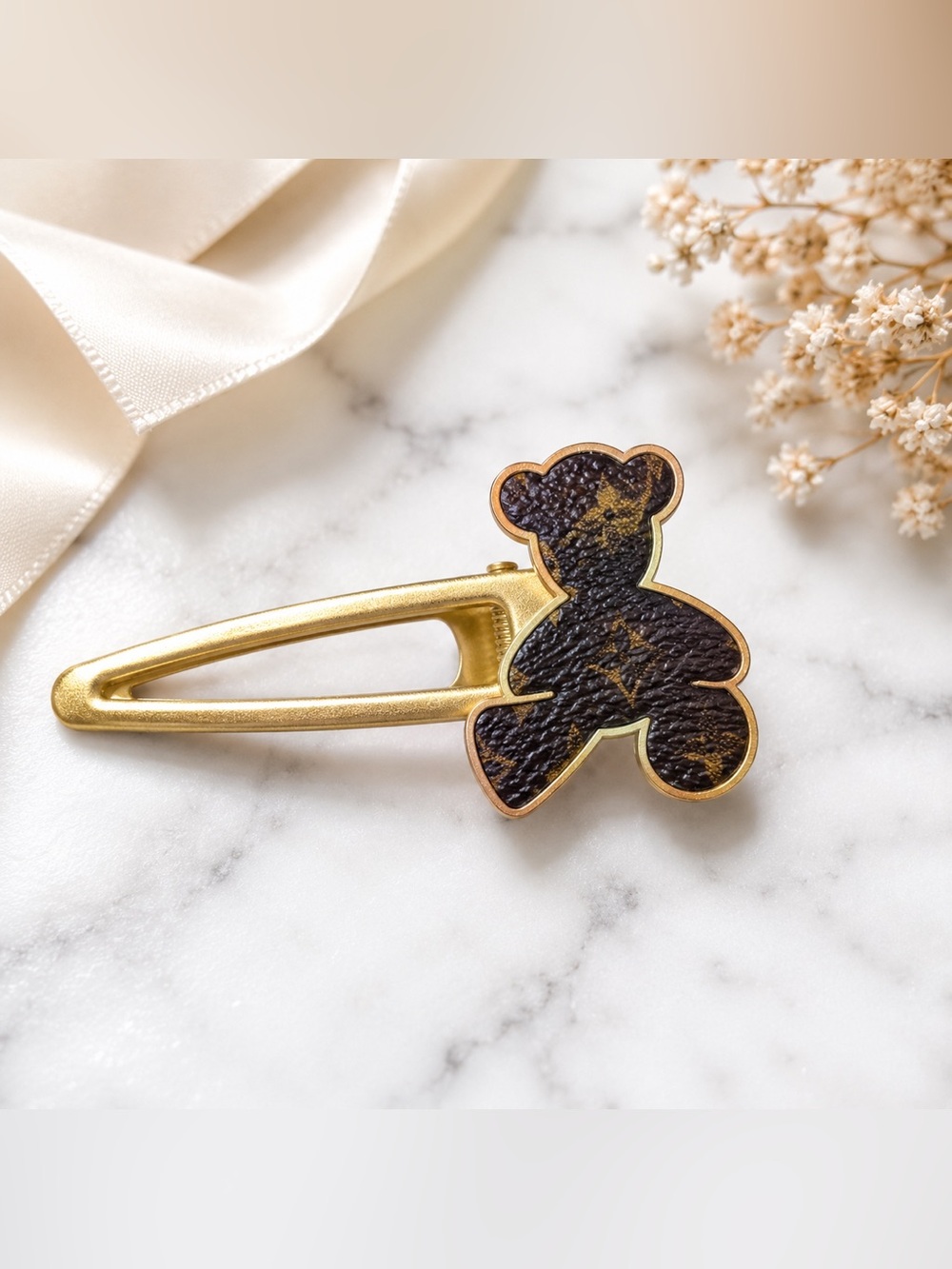 Handmade Teddy Bear Hair Clip Monogram Canvas Barrette